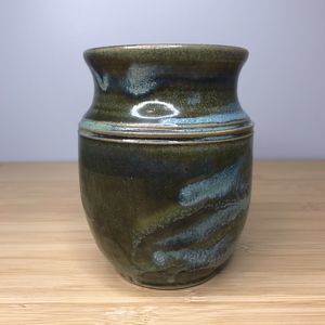 6” Signed “Hedberg” Wheel Thrown Vase Blue Green Rustic Distressed Modern Gloss